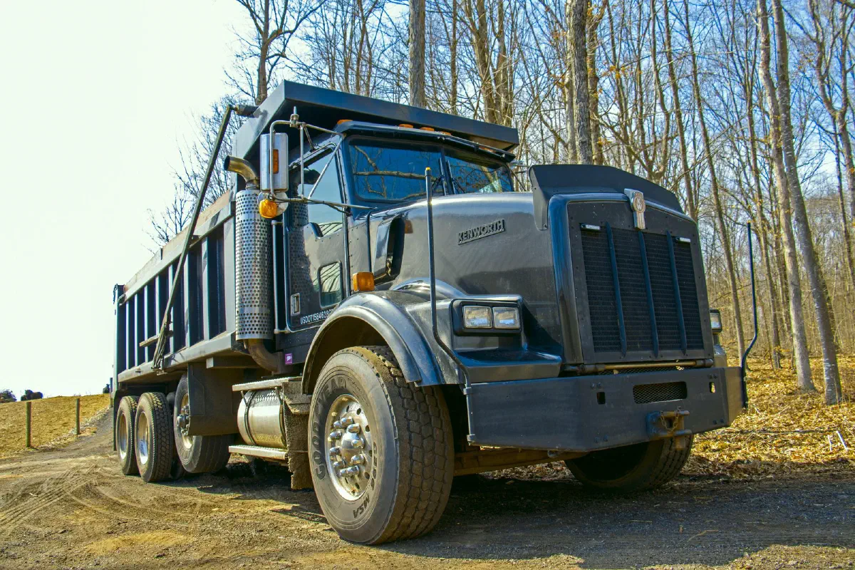 Tri-axle dump truck parked at a wooded job site